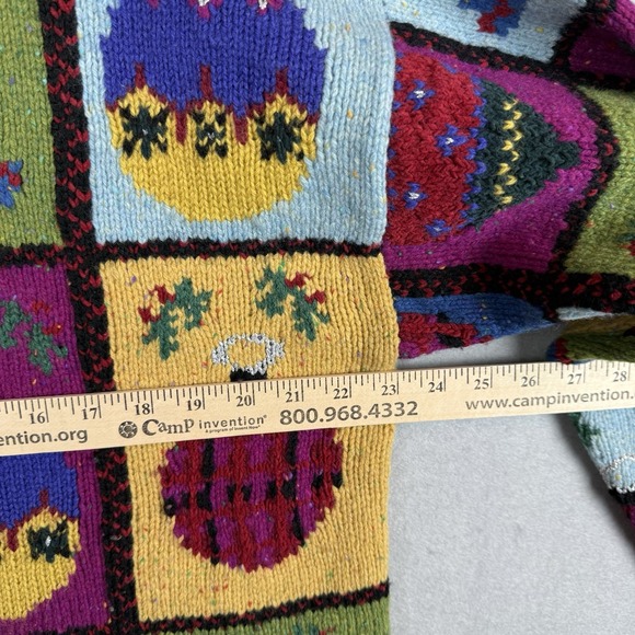 Talbots Hand Knit "Christmas Ornament" Wool Patchwork Sweater Cardigan Sz L - Picture 3 of 6